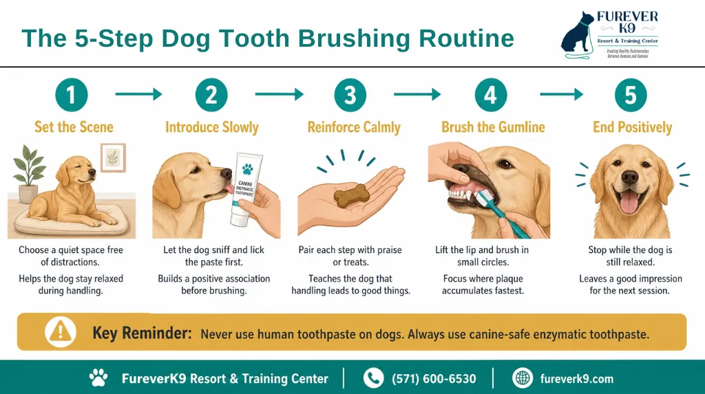 The 5-Step Dog Tooth Brushing Routine infographic