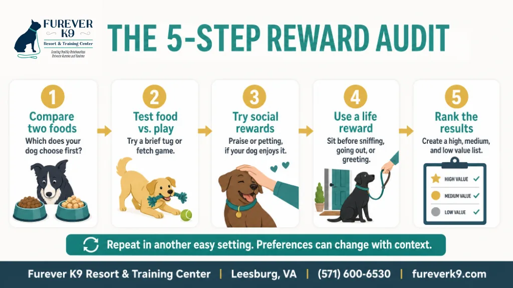 The 5-Step Reward Audit infographic for finding what motivates your dog