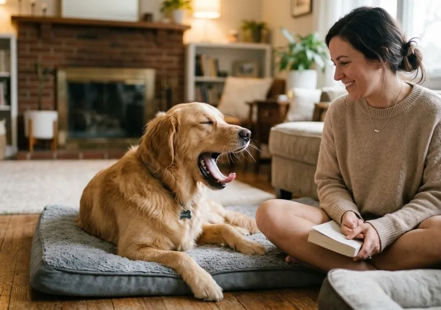 Golden Retriever yawning on a dog bed while a woman reads beside it