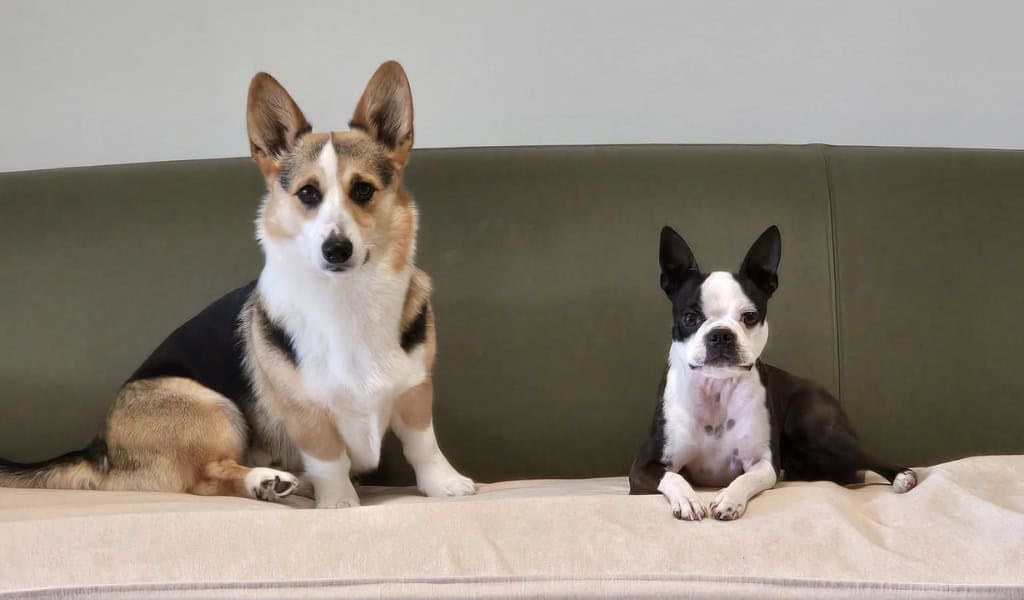 Corgi and Boston Terrier calmly sitting side by side on a green couch at Furever K9.