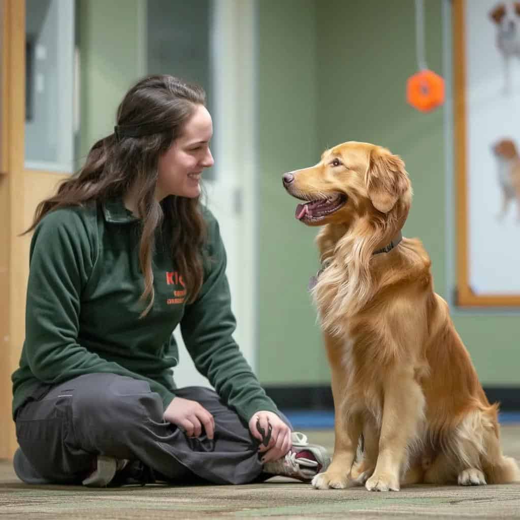 Dog training session showcasing a trainer and a happy dog in a cozy environment