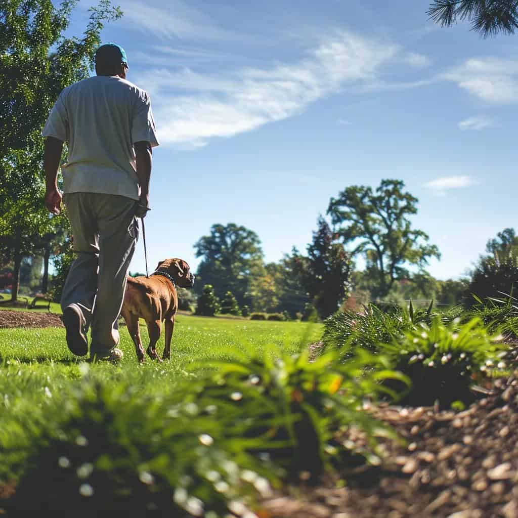 Obedient dog walking beside owner in Northern Virginia park