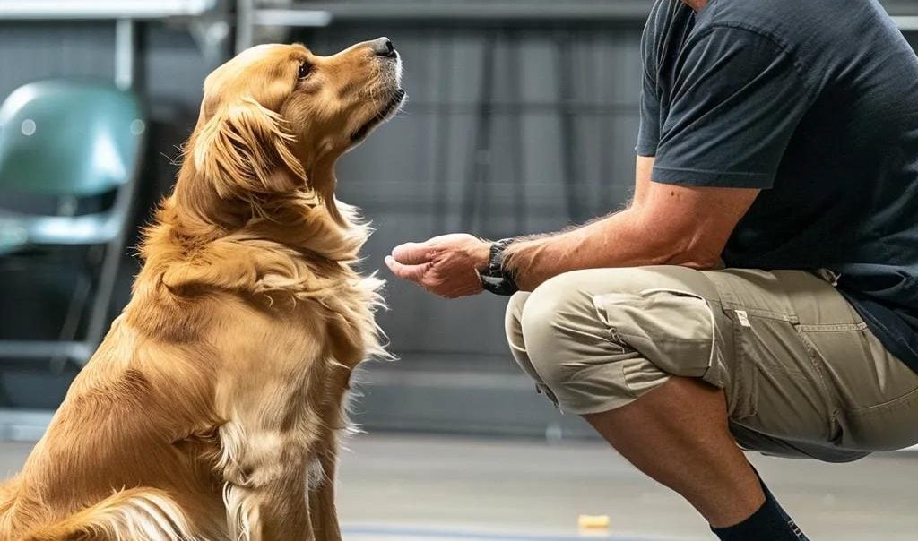 Certified dog trainer using positive reinforcement techniques during a training session