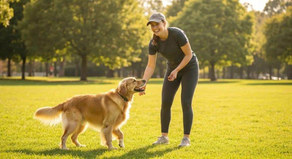 Dog trainer working with a golden retriever in a sunny park, showcasing personalized dog training
