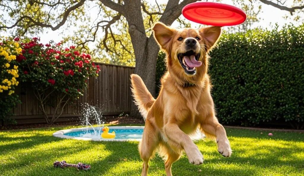 Happy dog playing with interactive toys in a sunny backyard