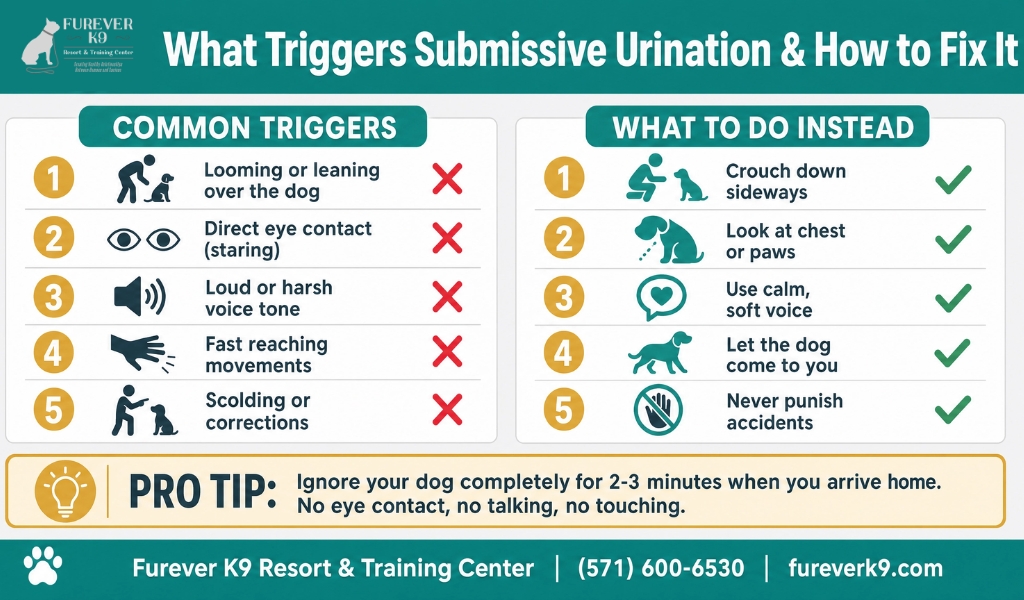 infographics about what triggers submissive urination and how to fix it