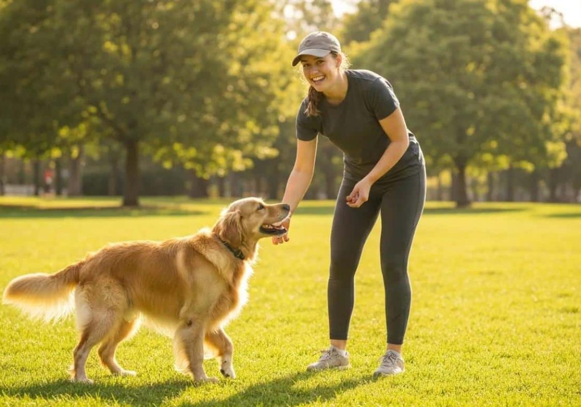Dog trainer working with a golden retriever in a sunny park, showcasing personalized dog training